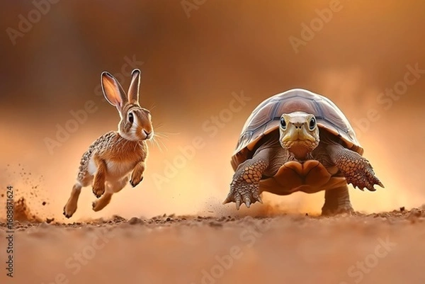 Obraz Tortoise outpaces hare with steady progress, embodying patience and perseverance