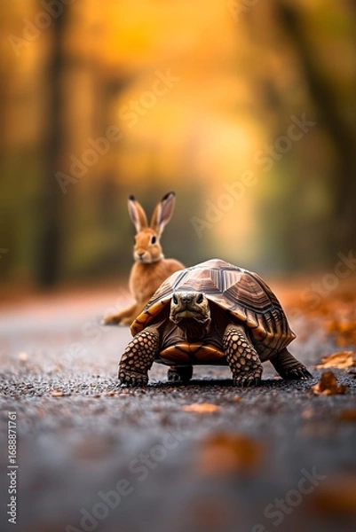 Obraz Tortoise outpaces hare with steady progress, embodying patience and perseverance