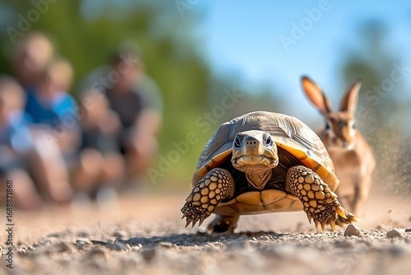 Obraz Tortoise outpaces hare with steady progress, embodying patience and perseverance