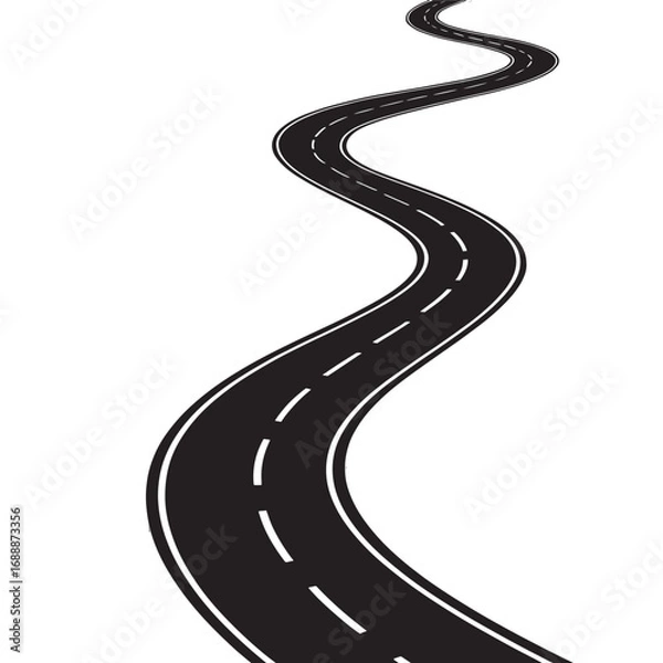 Obraz A 3D winding asphalt road illustration curves against a white background, symbolizing a long journey