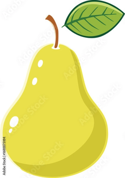 Fototapeta A single, ripe, yellow pear with a green leaf and brown stem, isolated on white.