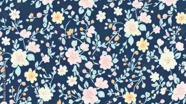 Fototapeta Floral Pattern on Navy Blue Background