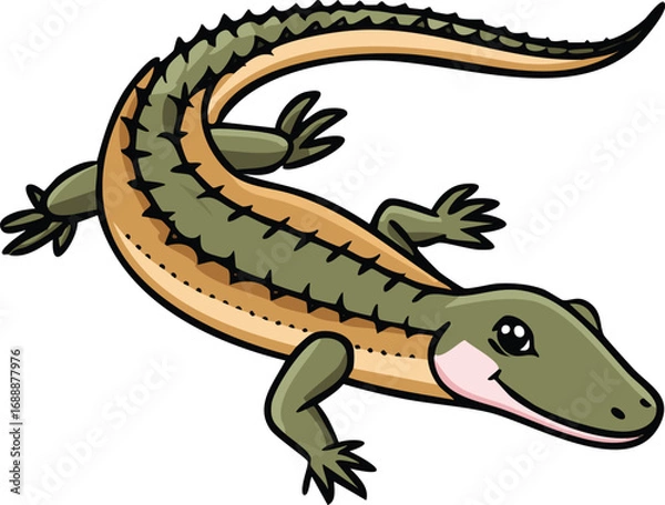 Fototapeta Cartoon illustration of a green and brown alligator, depicted with a smiling expression.