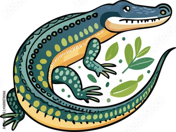 Fototapeta Cartoon illustration of a blue and yellow alligator with decorative patterns, surrounded by green leaves.