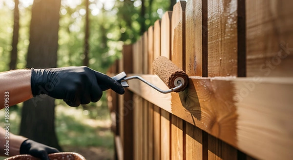Fototapeta Applying protective stain to a wooden fence with a roller for maintenance and preservation