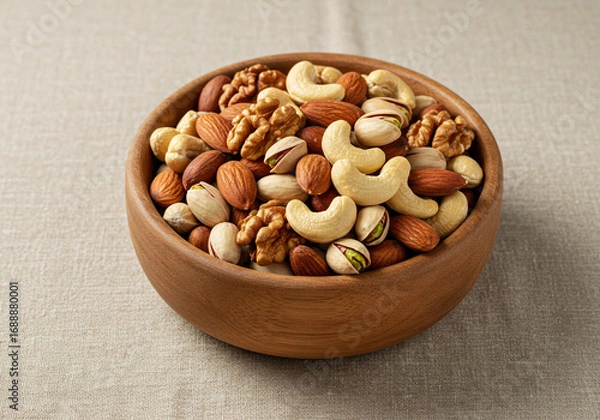 Fototapeta Bowl of Mixed Nuts: A rustic wooden bowl filled with a variety of nuts including cashews, walnuts, almonds, and pistachios, on a linen background