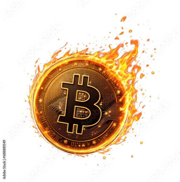 Fototapeta Bitcoin coin surrounded by flames, representing cryptocurrency trading and blockchain trends, with emphasis on rapid price movement, financial risk, and dynamics of digital asset markets
