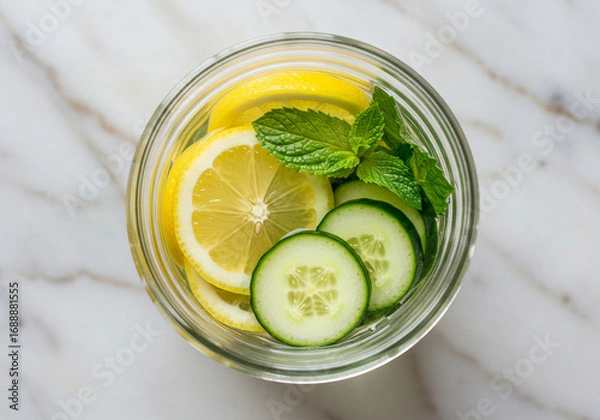 Fototapeta Refreshing Infused Water: A top-down view of a glass jar filled with water, sliced lemons, cucumbers, and fresh mint leaves on a white marble surface