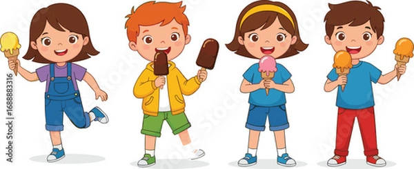 Fototapeta Happy kids enjoying colorful ice cream cones and popsicles, smiling children playing outdoors, summer fun, cartoon vector illustration on white background.