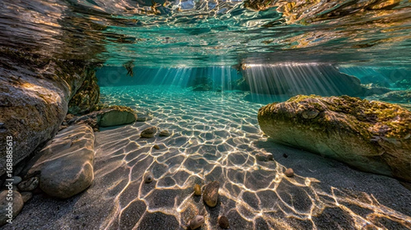 Fototapeta Underwater view of a clear stream bed with sunlight filtering through the water.