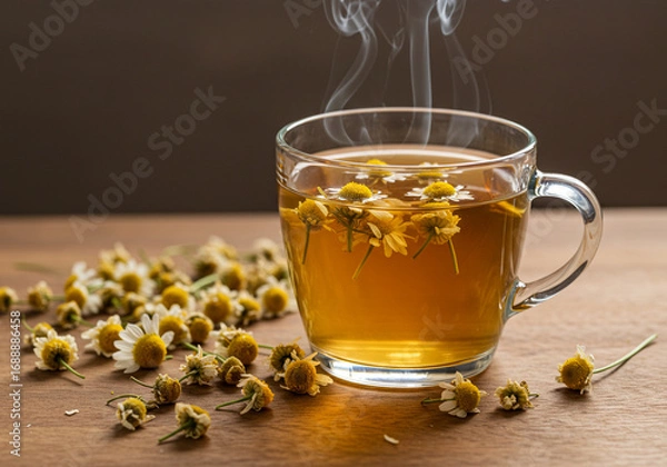 Fototapeta Steaming Chamomile Tea: A close-up shot of a clear glass mug of steaming chamomile tea, with fresh and dried chamomile flowers scattered on a wooden table