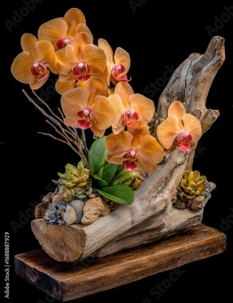 Obraz A stunning arrangement of vibrant orange orchids nestled within a driftwood planter, accented by succulents and colorful stones, creating a captivating floral display.