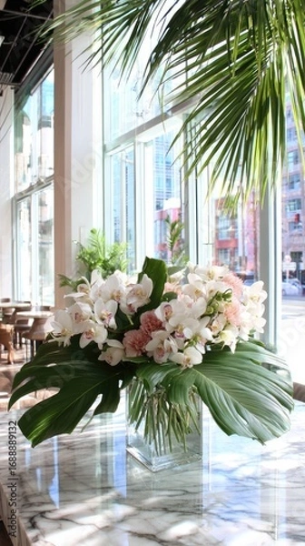 Obraz A stunning floral arrangement in a clear glass cube vase, featuring white orchids and pink carnations, sits atop a polished marble table, enhanced by large tropical leaves.