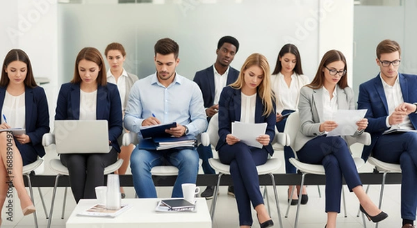 Fototapeta Group of male and female job seekers sitting in row on chairs waiting for job interview. Young people holding paper documents and resumes, using laptop, waiting their turn. Human resources, employment