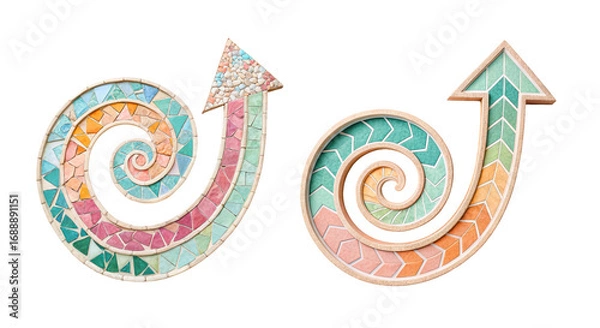 Fototapeta Progress spirals upward as mosaic arrows intertwine geometric order with creative potential symbolizing transformation, movement and the unfolding journey