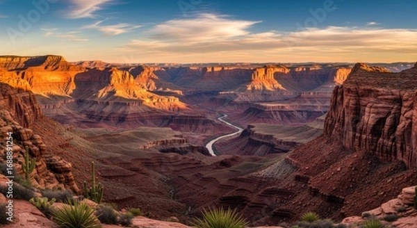 Obraz Grand canyon vista featuring a winding river under a blue and cloudy sky at sunset with canyon walls