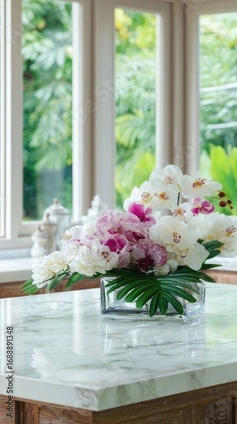 Obraz A beautiful floral arrangement, featuring orchids and peonies, sits in a clear glass vase on a polished marble countertop, bathed in natural light streaming through the large windows.