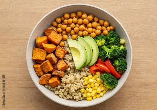 Fototapeta Quinoa and Veggie Buddha Bowl: A top-down view of a colorful, healthy Buddha bowl filled with quinoa, sweet potatoes, chickpeas, avocado, broccoli, and corn on a light wooden background