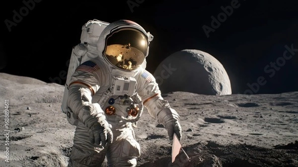 Fototapeta Astronaut conquering lunar surface with flag a triumphant stride on the moonscape