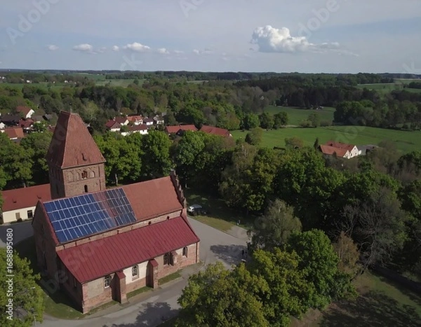 Fototapeta Aerial view of a red-roofed church with solar panels, nestled in a verdant rural landscape