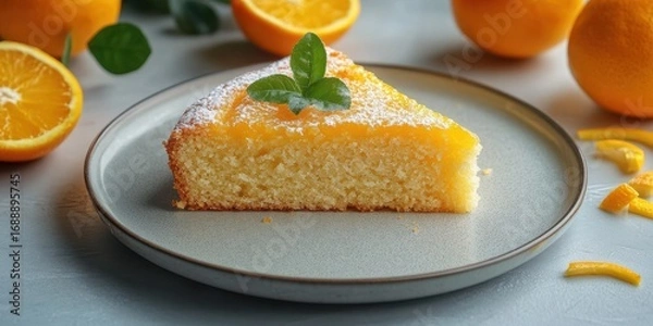 Fototapeta Freshly baked orange cake on a plate surrounded by whole oranges and zest, showcasing its delightful texture and glaze