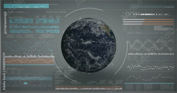 Fototapeta Displaying 3D-rendered globe with network nodes and panels in control center, with waveform charts
