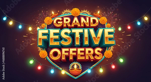 Fototapeta Navratri diwali festival sale shopping logo with Grand Festive offers 3d typography and retro lights decoration.