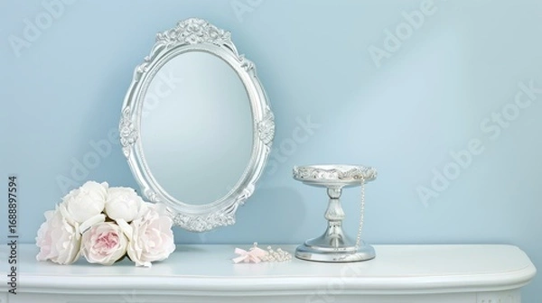 Fototapeta Elegant Silver Mirror with White Flower Bouquet and Jewelry Display on Light Blue Table