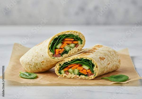 Fototapeta Hummus and Vegetable Wrap: A healthy wrap filled with hummus, spinach, carrots, and cucumber, sliced in half and served on craft paper, with loose spinach leaves on the side