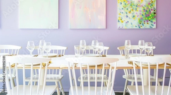 Fototapeta Elegant White Dining Table Set with Wine Glasses and Abstract Artwork on Light Purple Wall