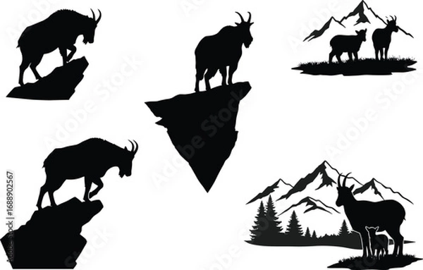 Fototapeta Silhouette mountain goats standing on cliffs and nature landscapes with forest trees and mountain ranges in wilderness vector illustration set.