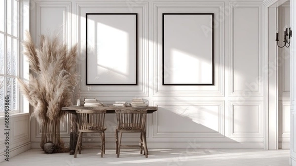 Fototapeta Elegant White Living Room Wall with Large Empty Frames and Natural Light
