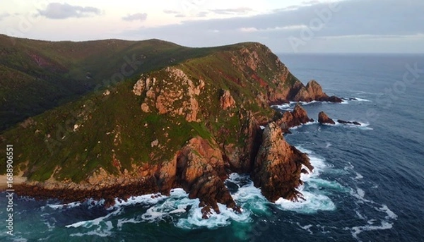 Fototapeta Aerial view of a rugged coastline, dramatic cliffs meeting a turbulent sea under a soft sunset sky