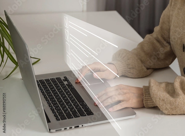 Fototapeta Process automation to efficiently manage files. Online documentation database and document management system concept. Businesswoman working on laptop with virtual screen