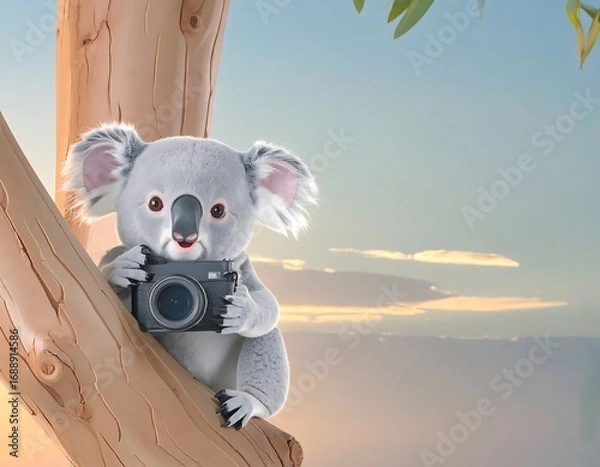 Obraz A koala holding a camera in a tree at sunset