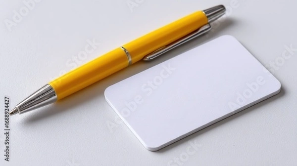 Fototapeta A simple white name card lies next to a bright yellow pen on a smooth light surface, suitable for jotting down names or contact information at a networking event or business meeting