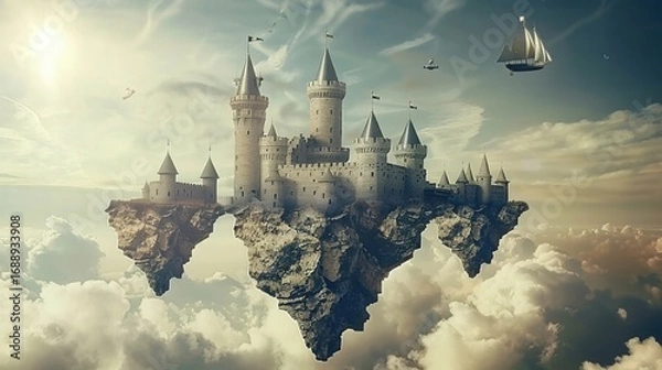 Fototapeta Floating Castle with Tall Towers and Pointed Spires Surrounded by Clouds and Airships in Fantasy Sky