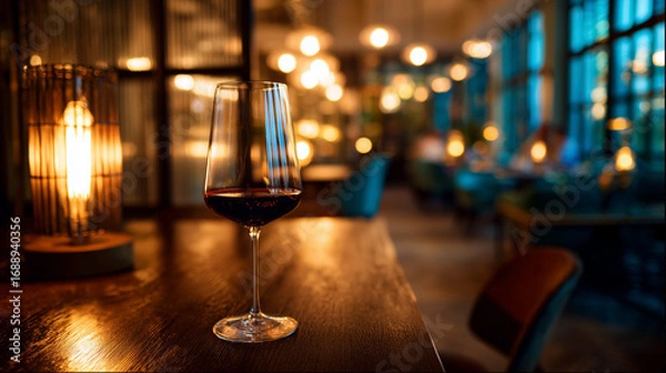 Fototapeta Glass of red wine elegantly placed on a dark wooden table, reflecting warm ambient light.