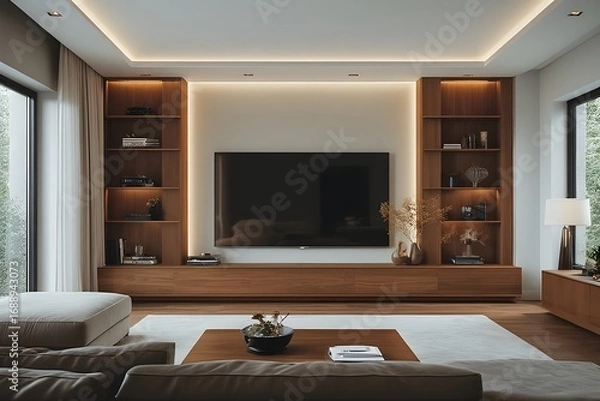 Fototapeta Imagine relaxing in this modern living room with elegant wood shelving and a large screen television setup