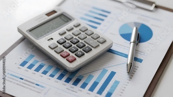 Fototapeta Calculator and pen on financial charts, symbolizing data analysis and budgeting.