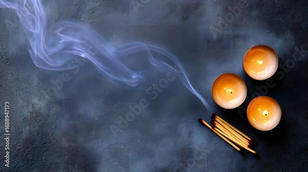 Obraz Dark Atmospheric Scene With Burning Candles And Incense Smoke