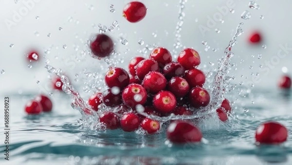 Obraz Red berries splashing into water, creating droplets and ripples, freshness, fruit, and aquatic scene.