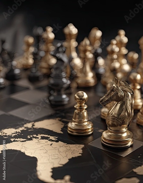 Obraz Golden chess pieces stand on a world map chessboard, suggesting strategic global power plays.