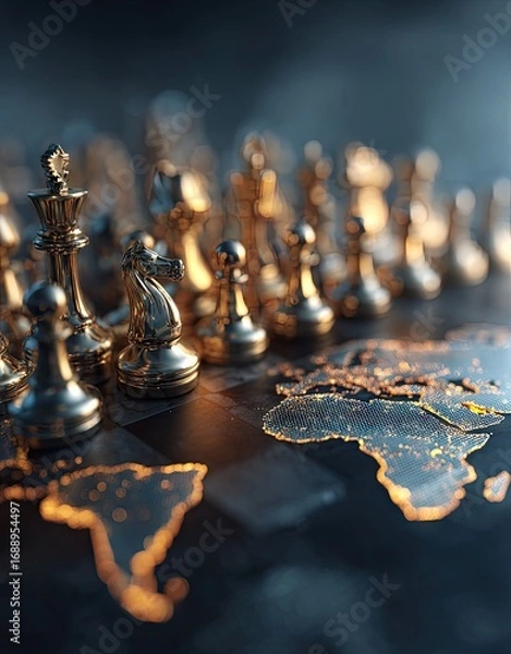 Obraz Golden chess pieces stand on a global world map, illuminating a strategic  of international proportions.