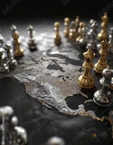 Obraz Strategic chess pieces strategically positioned on a world map, showcasing a captivating interplay of gold and silver tones.