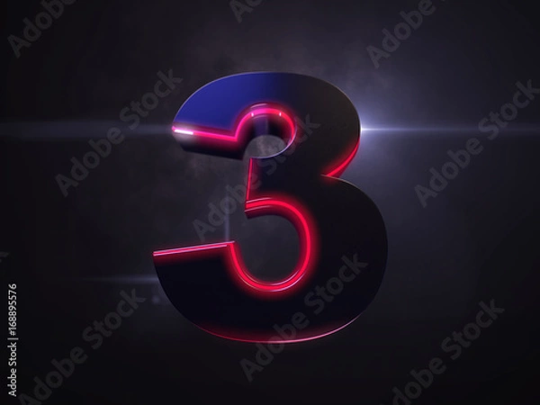 Fototapeta 3 black extruded number with red light outline glowing in the dark and nice lens flare and smoke in background 3D render