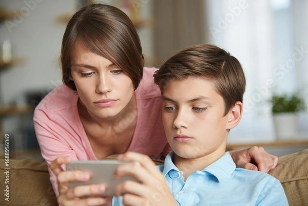 Fototapeta Concerned Mother and Son Looking at Smartphone Screen
