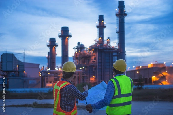 Fototapeta industrial engineering working in a power plant, teamwork twilight