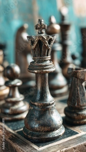 Obraz Close-up view of a dark wooden chess queen piece, featuring intricate details on its crown and base, standing on a rich-toned wooden chessboard.