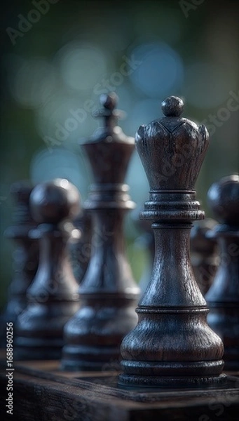 Obraz Close-up of dark, aged wooden chess pieces, showcasing intricate detail and strategic positioning in a  of chess.